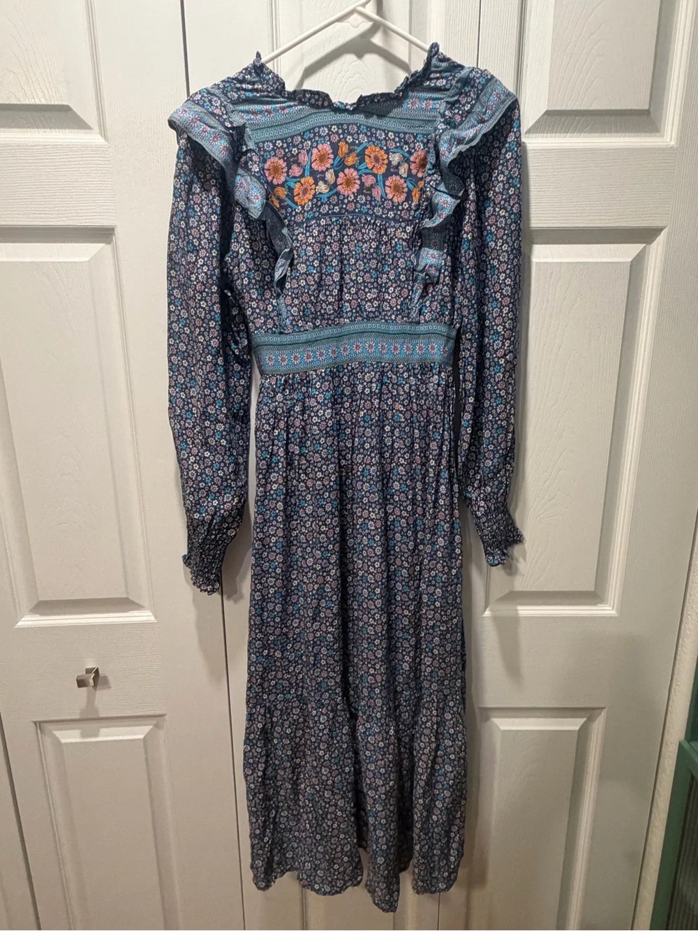 In Loom Navy Maxi Dress with Pink & Orange Floral Yoke - Picture 1 of 8